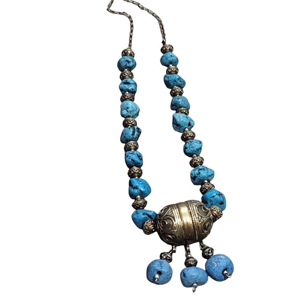 Chunky Moroccan Ethnic Turquoise Nugget And Metal Beaded Statement Necklace 24"